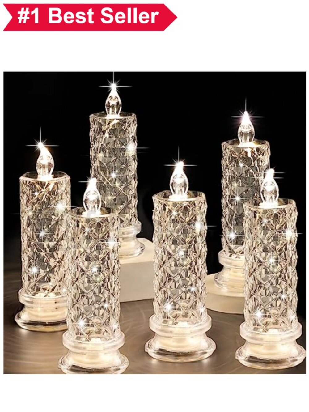 🏠 Crystal LED Flameless Candles Set of 6 Battery Operated Taper Rose Halo - Picture 1 of 5